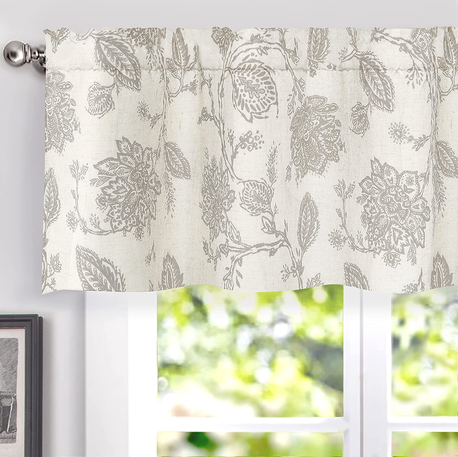 DriftAway Freda Jacobean Floral Linen Blend Blackout Thermal Insulated Energy Saving Privacy Window Curtain Valance Rod Pocket 2 Layers Single 18"L x 52"W plus 2" Header Gray Beige
