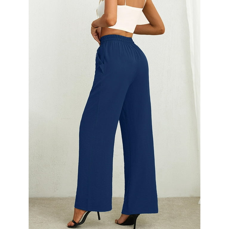 Showmall Women s Pants Wide Leg Pants Navy Blue S High Waisted Loose Trousers with Slant Pockets