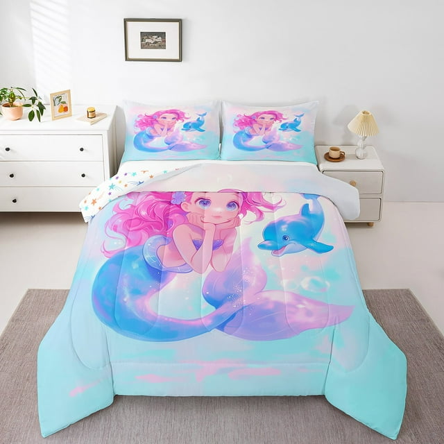 Erosebridal Ensemble de Literie Sirène Dessin Animé pour Filles, Couette Dauphin Marin, Réversible 2 Pcs, Ultra Douce