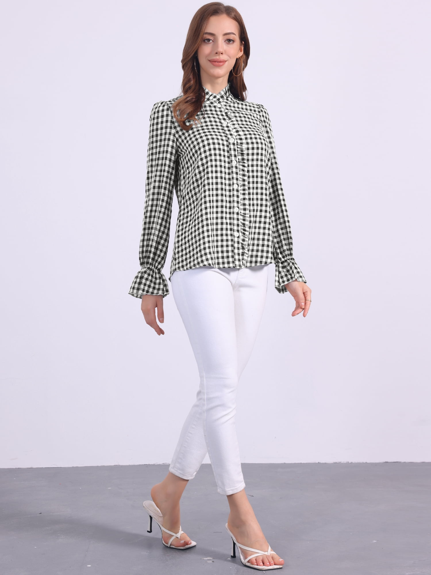 DARING DIVA Women's Gingham Ruffle V Neck Button Front Long Sleeve Blouse XL Black