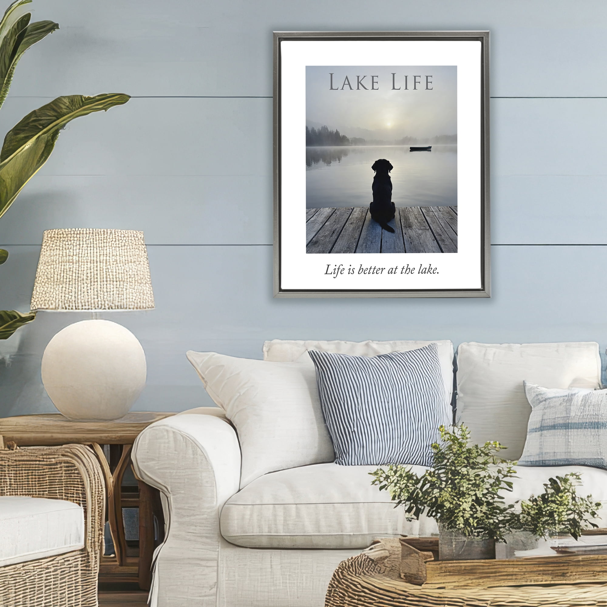 Stupell Industries Lake Life with Dog Gray Framed Floater Canvas Wall Art, design by A Barefoot Stylist