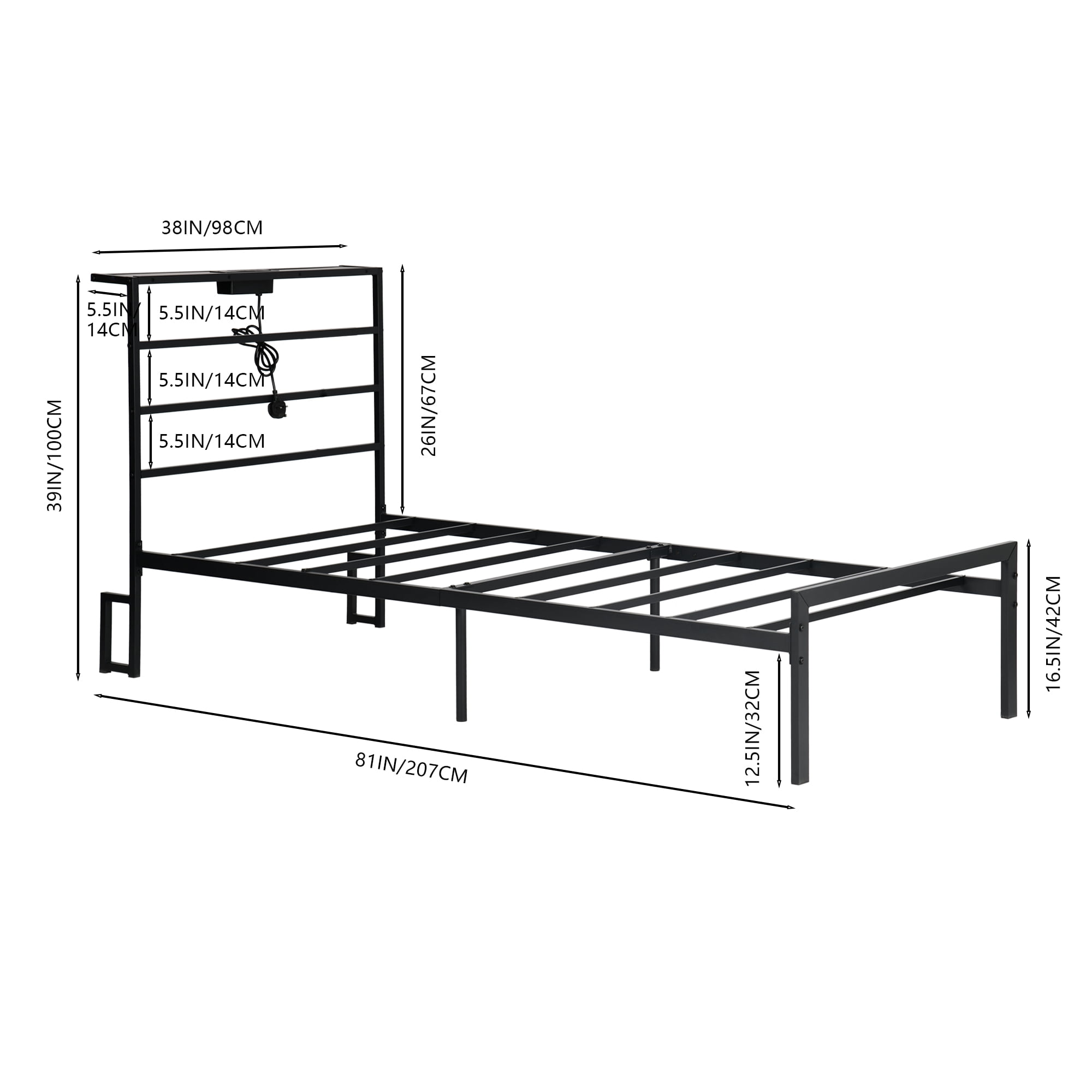 Homy Casa Twin Size Metal Bed Frame with Headboard, Built-in Power Outlet, Sturdy Support for Single Beds, Black