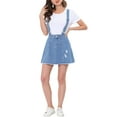 thumbnail image 1 of Unique Bargains Women's Washed Cotton Button Front a Line Casual Mini Suspender Skirt Blue Frayed L, 1 of 6
