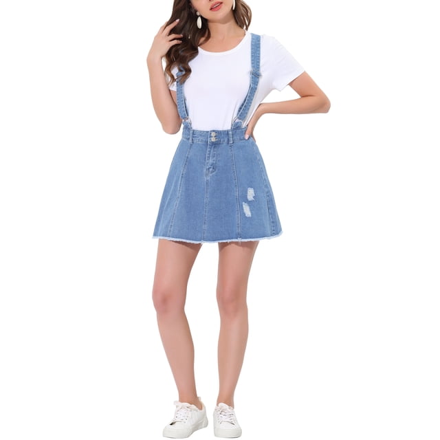 Unique Bargains Women's Washed Cotton Button Front a Line Casual Mini Suspender Skirt Blue Frayed L