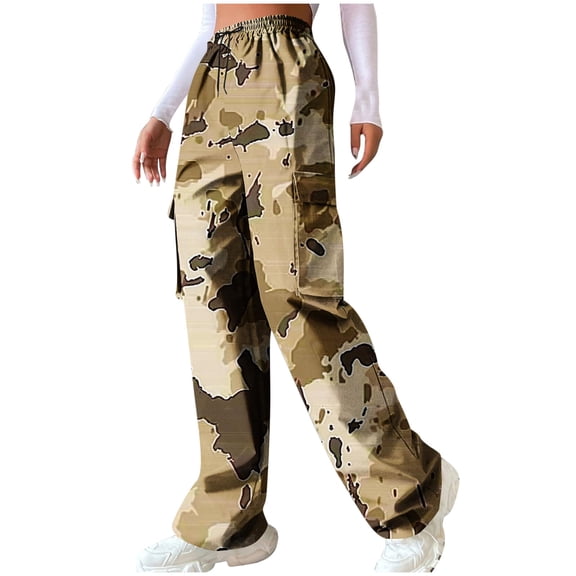 Staron Women's Camouflage Workwear Pants Elastic Waist Straight Leg Drawstring Pocket Casual Loose Comfy Lounge Outdoor Travel Pants, Khaki 3XL