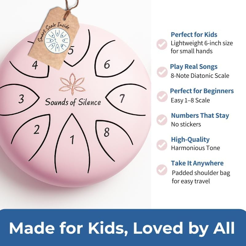 Sounds of Silence Steel Tongue Drum for Kids with Sing-Along Storybook, Mallets, and Carry Bag, 6 inch, 8 notes Pink