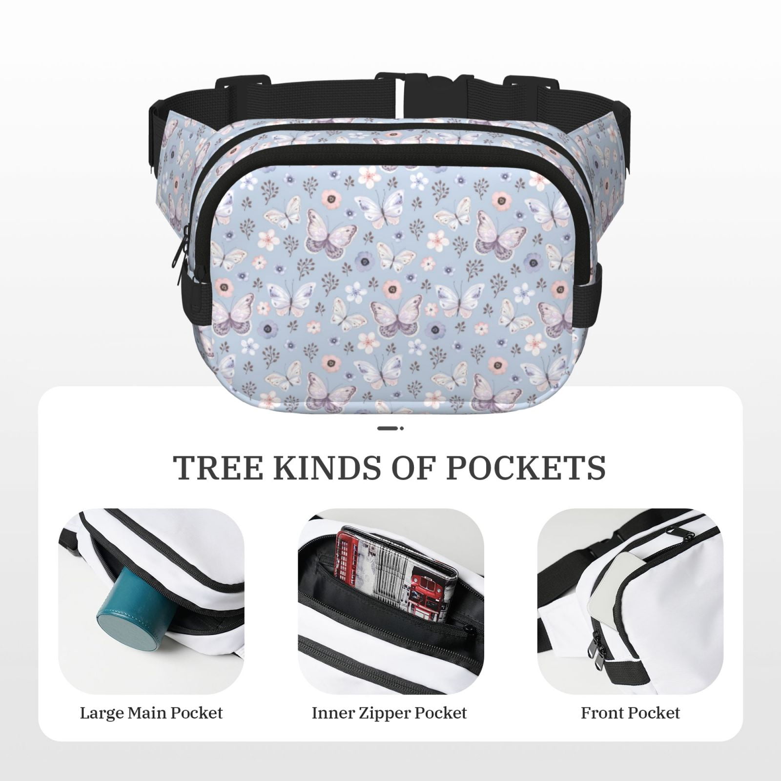 Fuzoiu Blue Butterfly Print Unisex Square Double Layer Waist Bag,Crossbody Fanny Pack Travel Workout Accessory