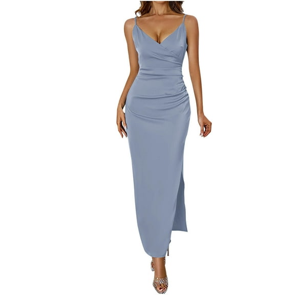 hotojiny Wedding Guest Dresses for Women Satin Silk Ruched Bodycon Maxi Dresses V Neck Spaghetti Strap Slit Party Cocktail Dresses