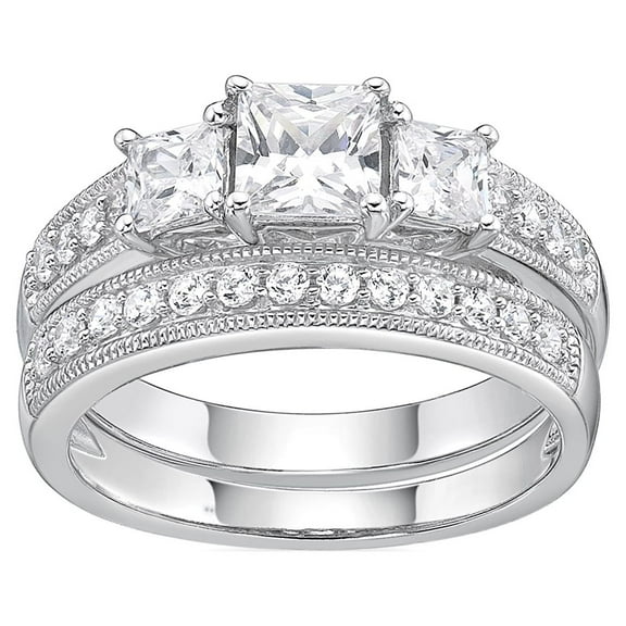 Brilliance Fine Jewelry Classic 925 Sterling Silver Simulated White Diamond Engagement Ring Set