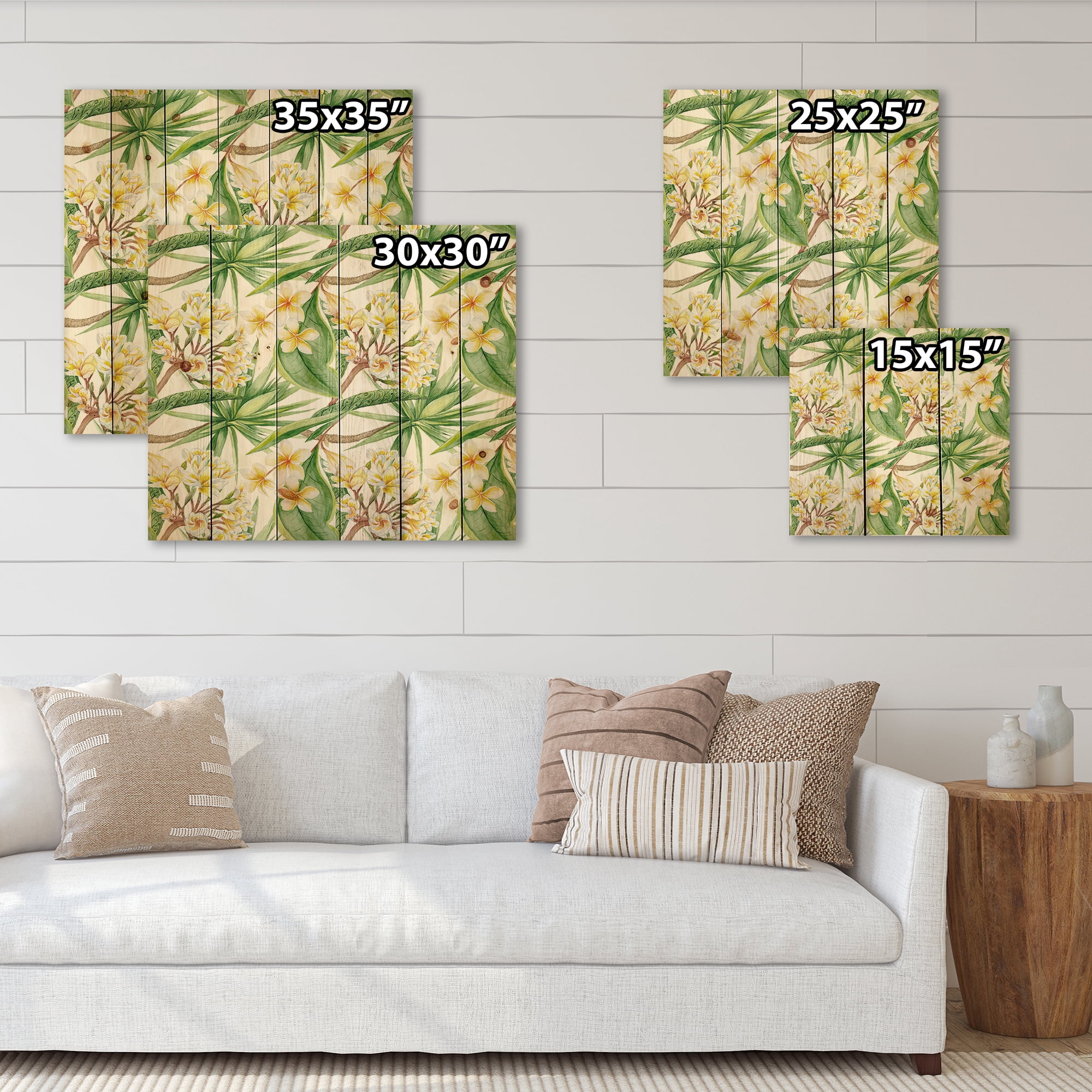 Designart 'Yellow Flowers and Tropical Foliage VI' Modern Print on Natural Pine Wood