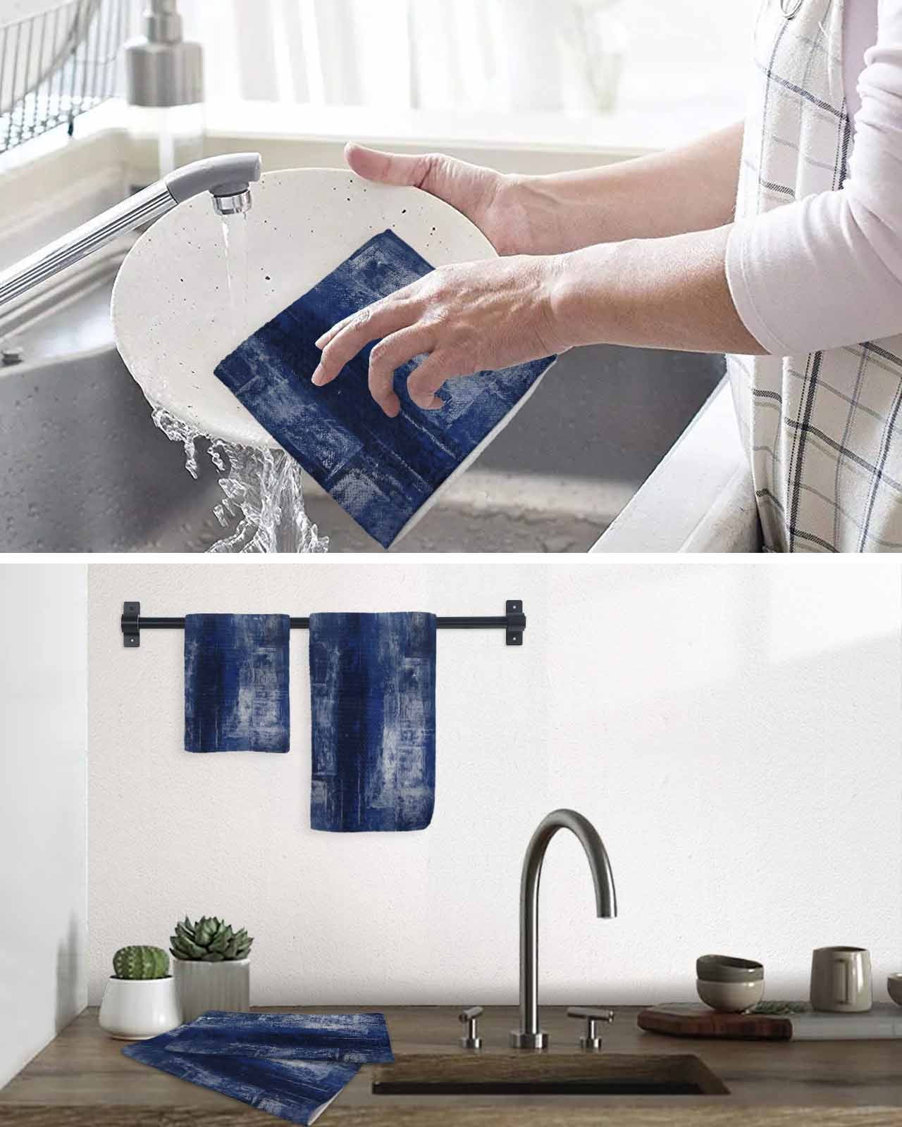 Navy Blue Kitchen Dish Towels for Drying Dishes Set of 2, Retro Oil Painting Modern Abstract Art Aesthetics Waffle Weave Microfiber Hand Tea Bathroom Towels Quick Dry & Absorbent Towel 12x12