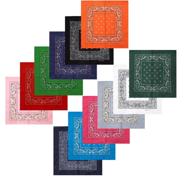 Unisex 100% Cotton Multi-Purpose Bandana Head Wrap Multi-Packs, 12 Assorted Colors