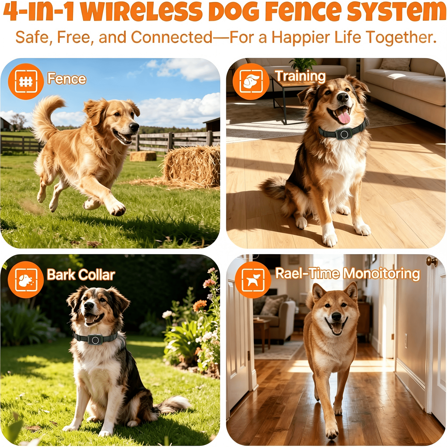 Wireless Dog Fence System，4-in-1 Electric Dog Training Collar with Remote, Bark Control, Status Monitor IPX7 Waterproof Electric Fence for Medium Large Dogs Outdoor Use