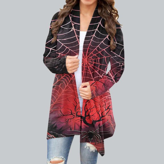 SOOMLON Halloween Clothes for Women Cardigans Open-Front Long Sleeve Shirts for Women Hoodless Halloween Ghost Print Casual Shirt Jacket Cardigans Wine S