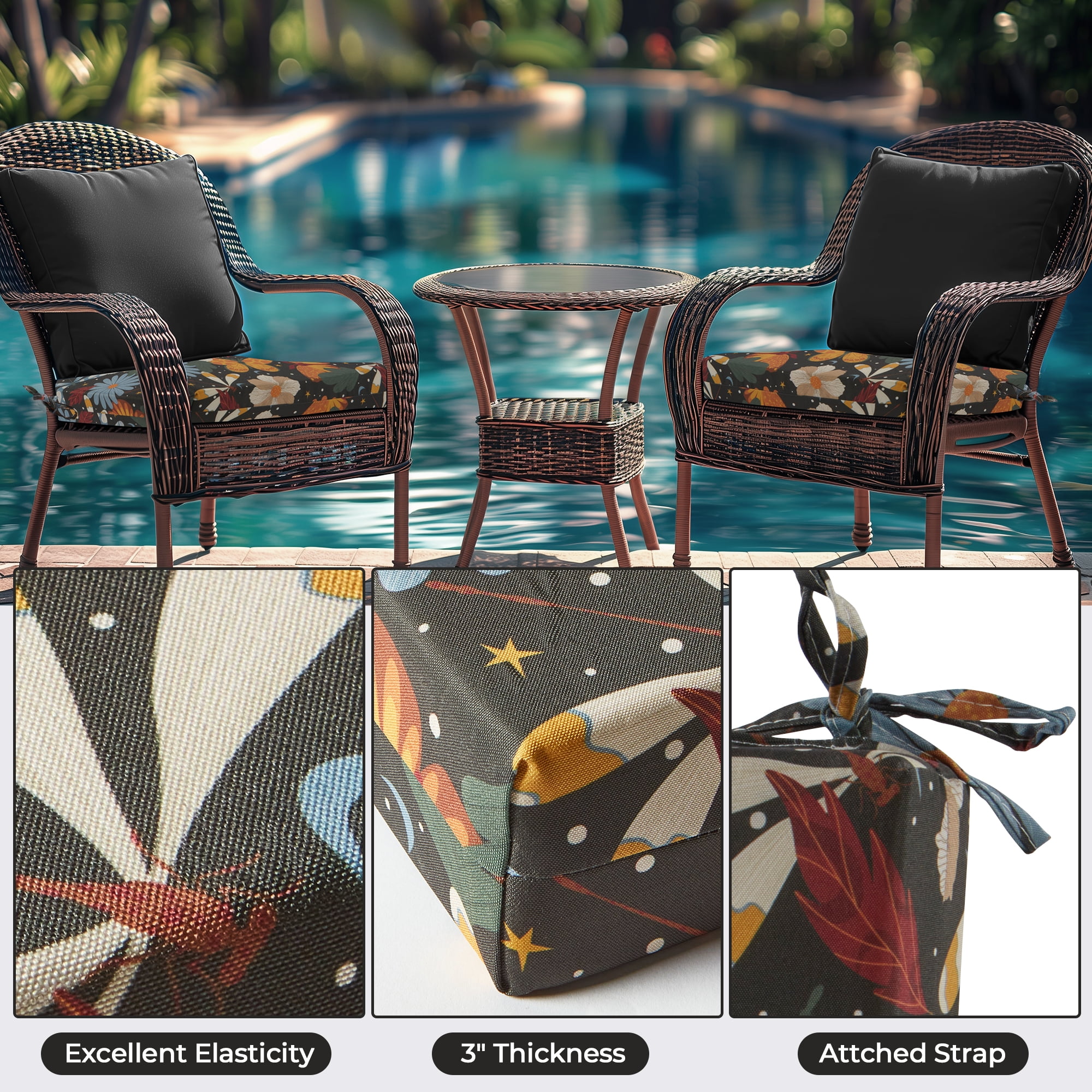 UNIKOME 4-Pack Outdoor Patio Chair Cushions, Water-Resistant Square Foam Seat Pads with Ties, 18.5 x 16 x 3 inch, Yellow Floral
