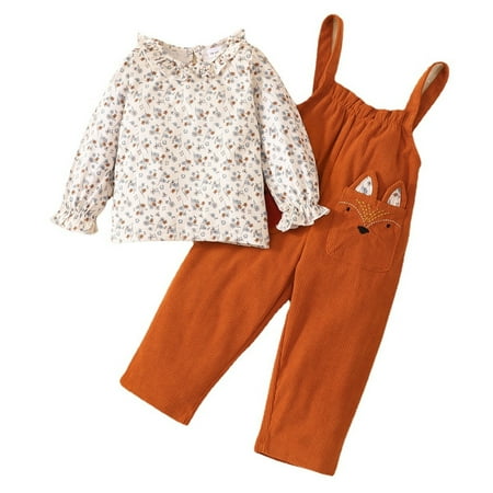 

Zlekejiko Kids Toddler Child Baby Girls Long Ruffled Sleeve Floral Blouse Tops Cute Cartoon Ribbed Overalls Suspender Pant Trousers Outfits Set 2PCS