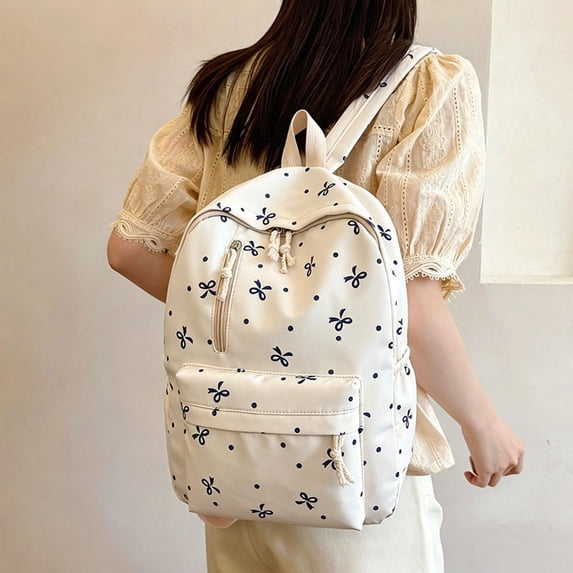 Weebloom Bow School Backpack For Kids Girls Cute Bow Print Large Capacity Lightweight Versatile Travel Large Bookbag Middle High School College White