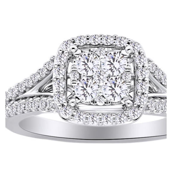 AFFY Round Shape White Natural Diamond Cluster Halo Engagement Ring In 10K Solid White Gold (0.75 Cttw)