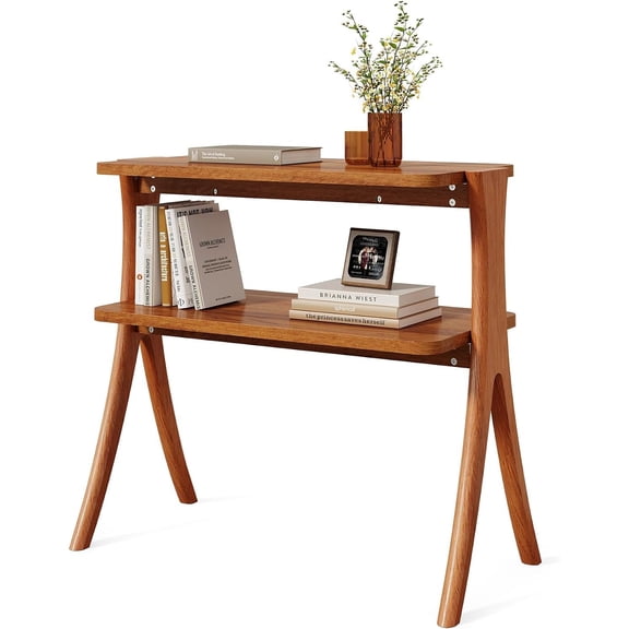 2-Tier Narrow Side Table, Walnut Wood Grain, Herringbone Legs for Living Room/Bedroom/Entryway