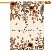 Fall Brown Daisy Floral Welcome Garden Flag 12 x 18 Inch, Autumn Thanksgiving Burlap Double Sided Small Flag Yard House Farmhouse Seasonal Holiday Patio Outside Decoration