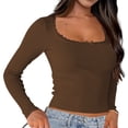 thumbnail image 2 of Female Long Sleeve Crop Top Square Neck Going Out Tops Cute Ribbed Knit Bow-Knot Lace Patchwork T Shirts Coffee L, 2 of 8