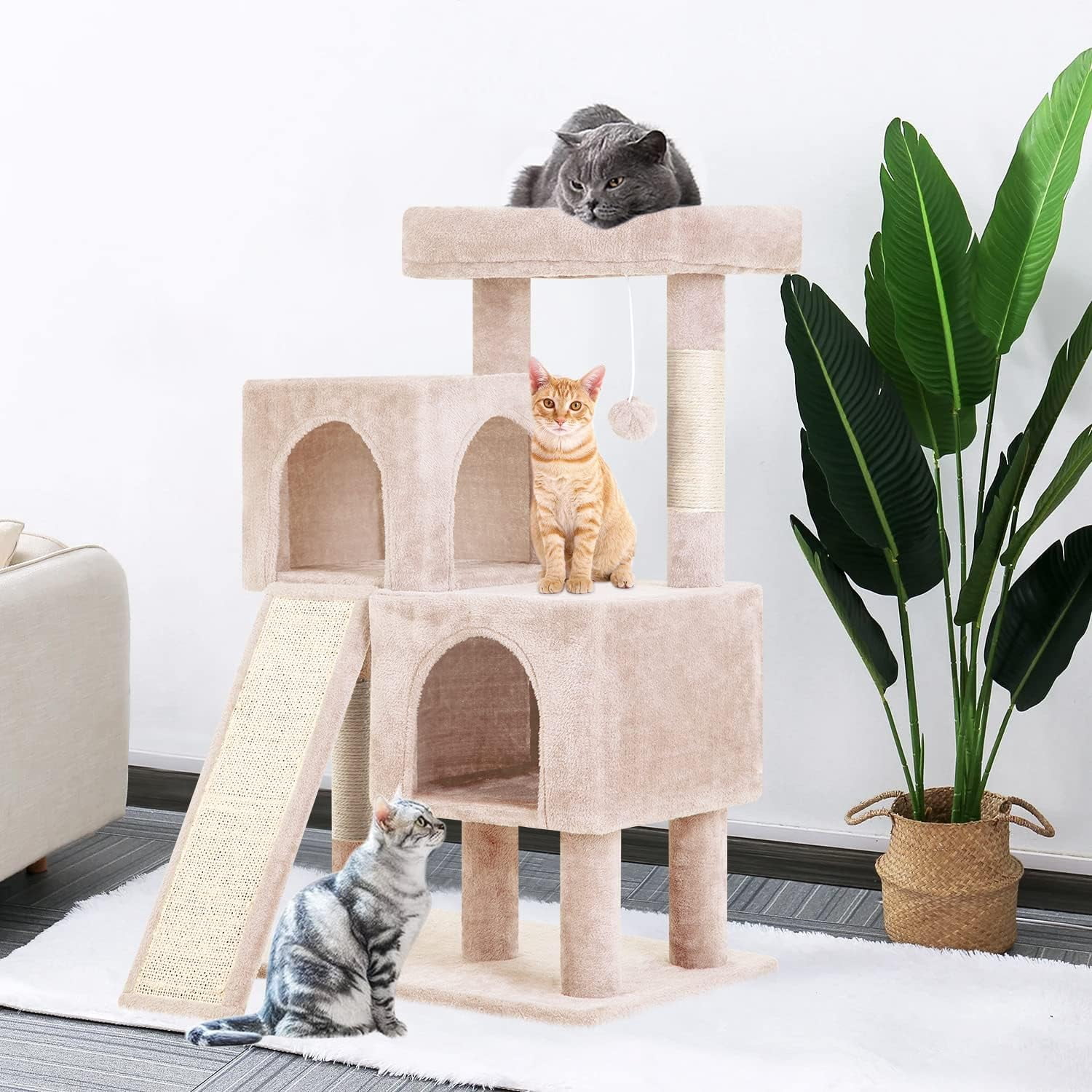 Dkelincs 36 inch Cat Tree Tower with Scratching Post & Dual Condos, Multi-Level Cat Furniture Condo Kittens House with Ramp, Perch & Hanging Ball, Beige