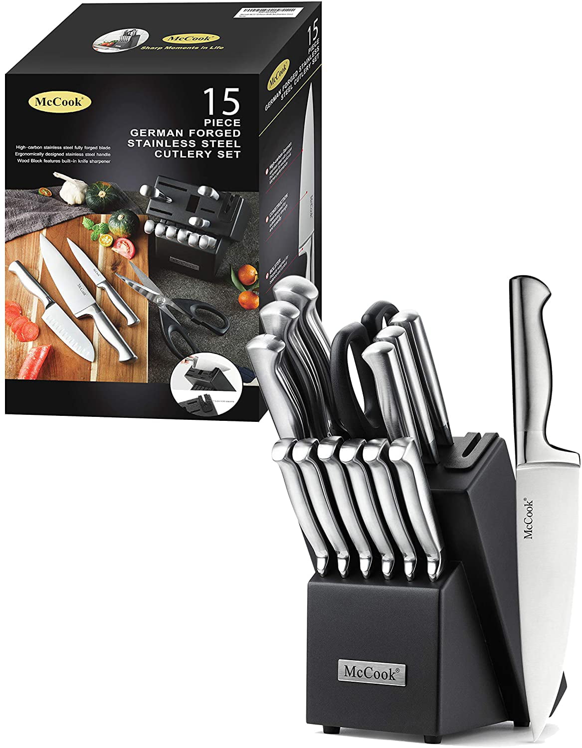 McCook® Knife Sets with Built-in Sharpener,German Stainless Steel Hollow  Handle Kitchen Knives Set in Acacia Block
