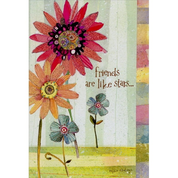Pictura Friends Are Like Stars : Four Glittery Watercolor Flowers Die Cut Short Fold Friendship Card