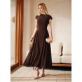 thumbnail image 3 of Womens Elegant Brown Cap Sleeve High Neck Flowy Pleated Maxi Dress, 3 of 9