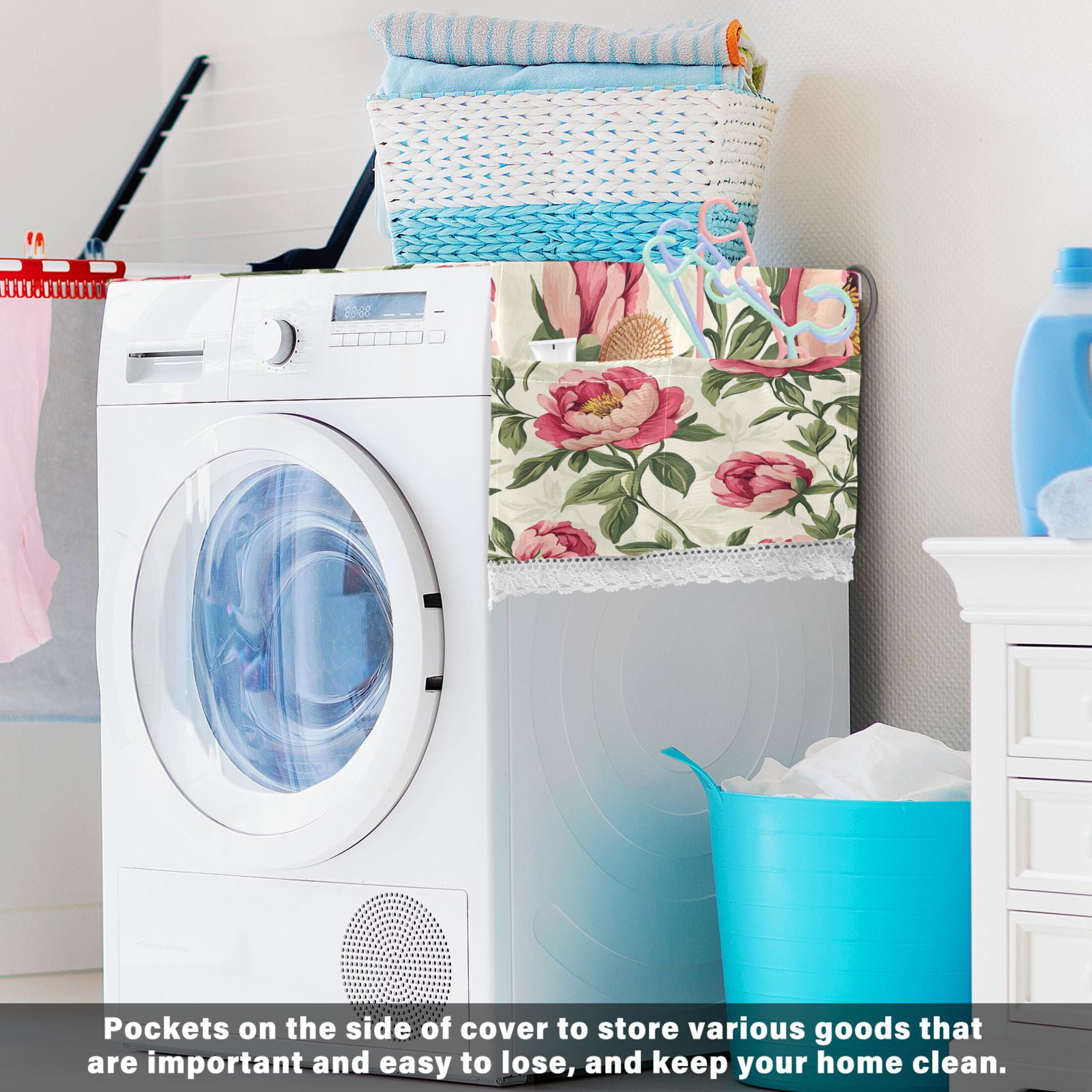 Nostalgic Peonies PatternWasher and Dryer Covers Dust-Proof and Oil Resistant Fridge Cover with 4 Storage Pockets Washing Machine Top Cover for Laundry Kitchen Home 51.2 x 22 In