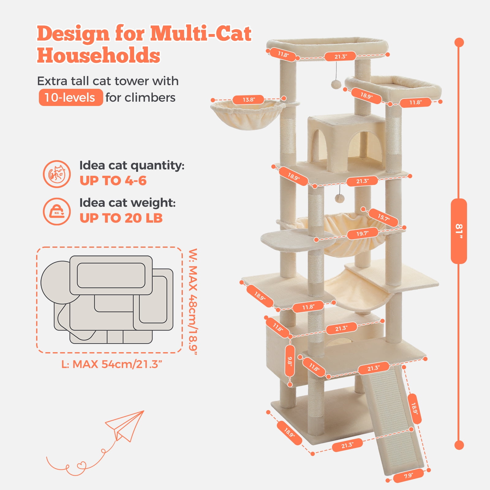 Pefilos 81" Tall Cat Tree for Indoor Cats, Multi-Level Cat Tower with Metal Frame Hammock, Scratching Ramp, 2 Top Perches, 2 Cozy Condos & 6 Scratching Posts, Beige