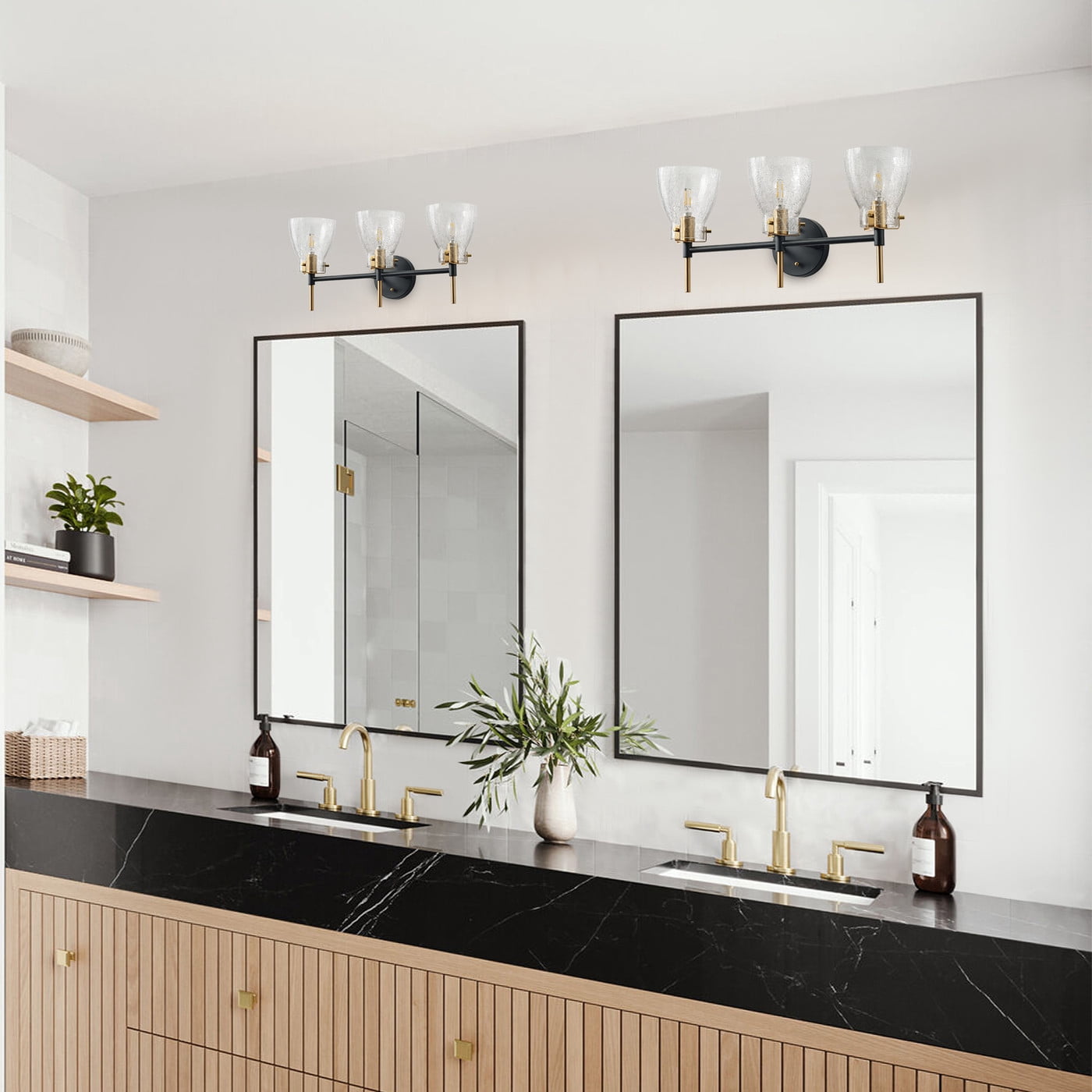 Farmhouse Vanity Light Fixture, Modern 3-Light bathroom Wall Light Over Mirror with Unique Crackle Glass Shade, Vintage Industrial Wall Sconce