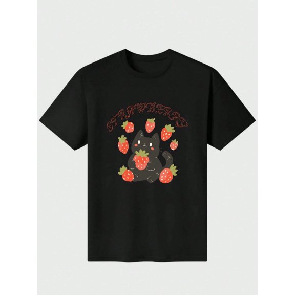 Kawaii Cat Strawberry Milk Casual Digital Print 220g Pure Heavy 100% Cotton T Shirt 100% Cotton