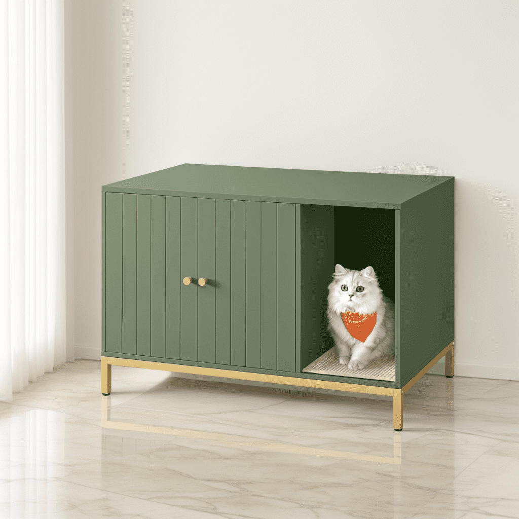 LEDREM Cat Litter Box Enclosure with Scratch Pad, Hidden Litter Box Furniture with Double Cabinet Doors, Side End Table, Forest Green and Gold