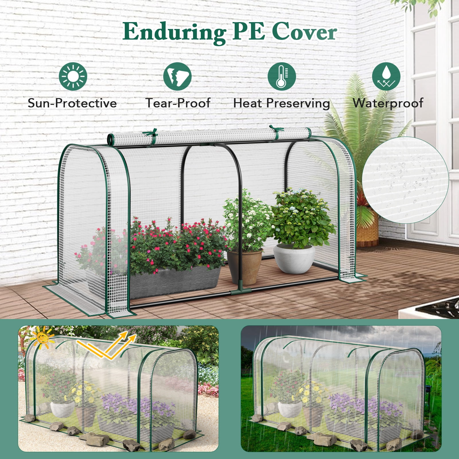 Patiojoy Portable Mini Greenhouse 47" x 22" x 24" Outdoor Green House with Roll-Up Door White