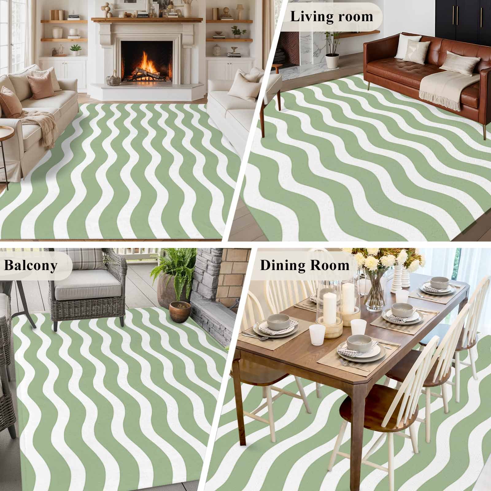 Sage Green Stripe Area Rugs 8x10 for Living Room, Farmhouse Striped Modern Waves Moires Non Slip Washable Rug Runner, Low Pile Indoor Floor Carpet Mat Bathroom Rugs for Bedroom, Kids Room