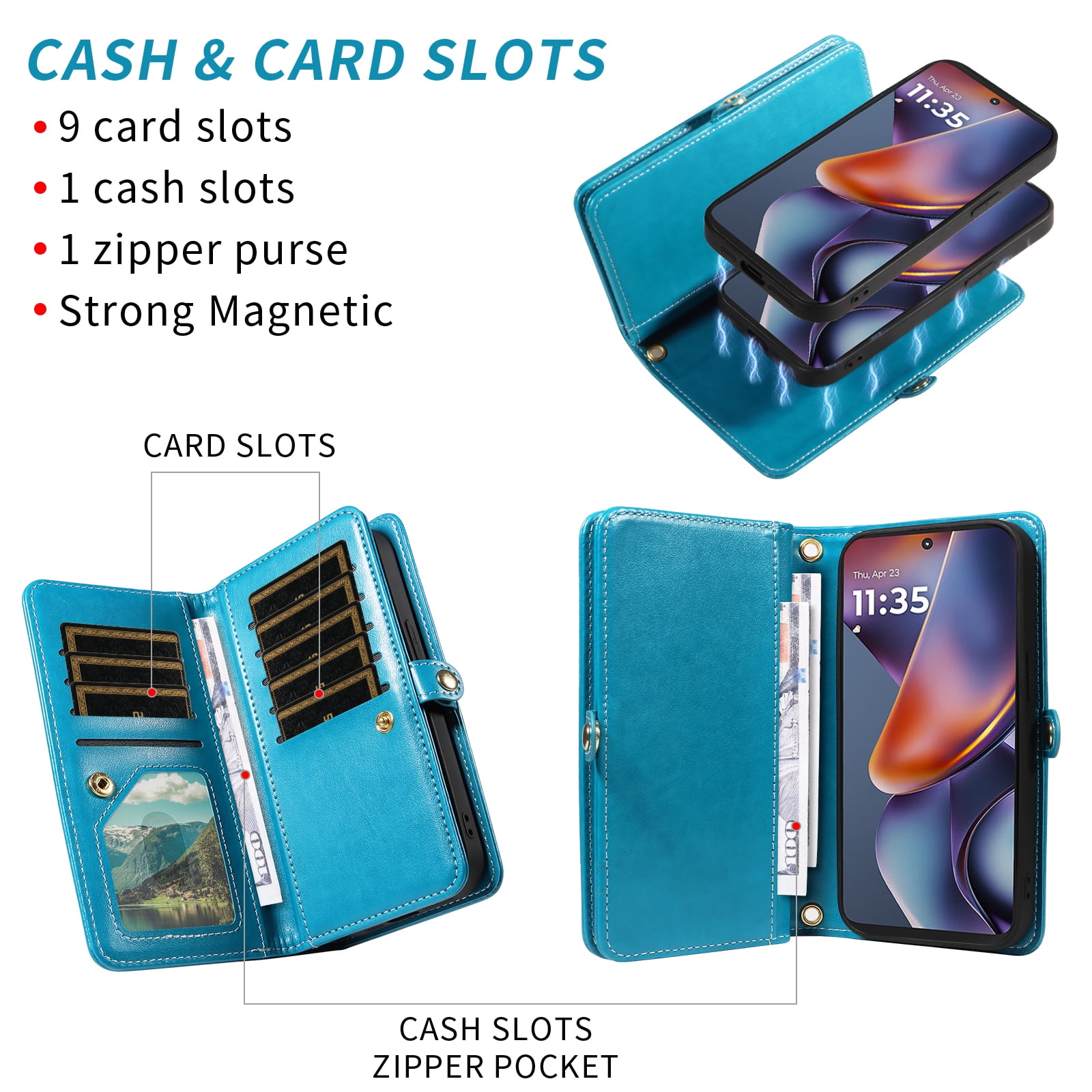 Asuwish Phone Case for Motorola Moto G 5G 2025 Zipper Wallet Detachable Cell Cover with Tempered Glass Screen Protector Crossbody Lanyard Strap Flower Flip Card Holder G5G 5 G G5 Women Men Girls Blue