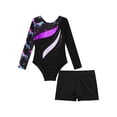thumbnail image 5 of Zaldita Printed Gymnastics Leotards for Girls with Shorts Long Sleeve Sparkly Ballet Dance Leotard Workout Dancewear Black&Purple 10, 5 of 7