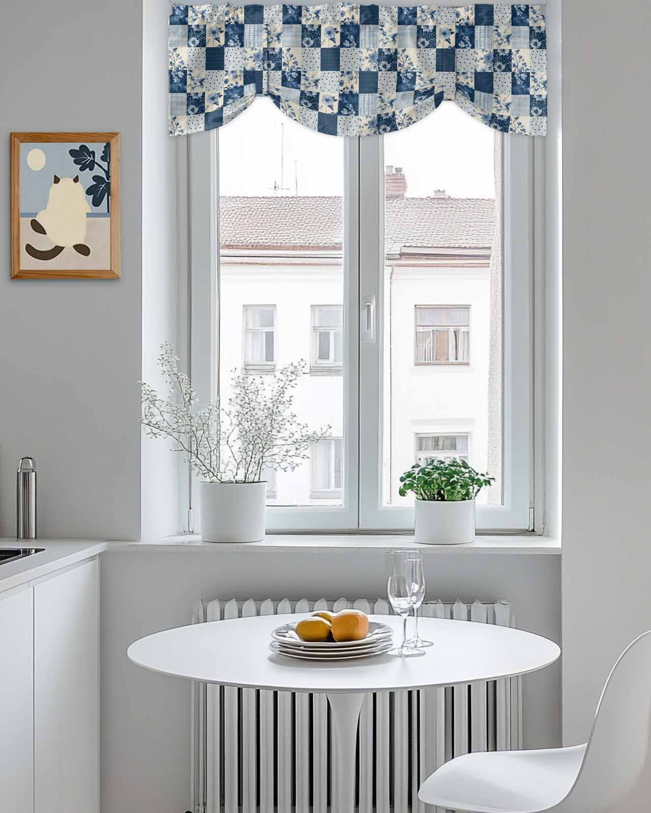 Vintage Patchwork Tie Up Valances Curtain, Blue Flowers Polka Dot Linen Kitchen Valances for Windows Decor, Rod Pocket Short Curtains Set for Bedroom/Bathroom, 60"x18"