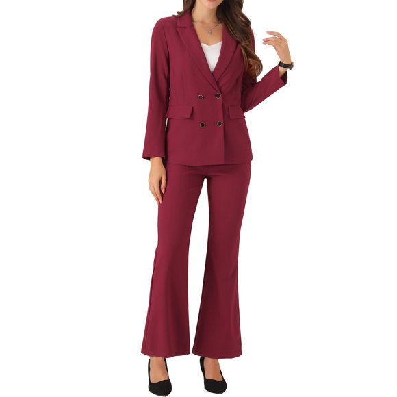 INSPIRE CHIC 2 Piece Work Suit for Women's Business Formal Double-Breasted Blazer and Pants Set XS Burgundy