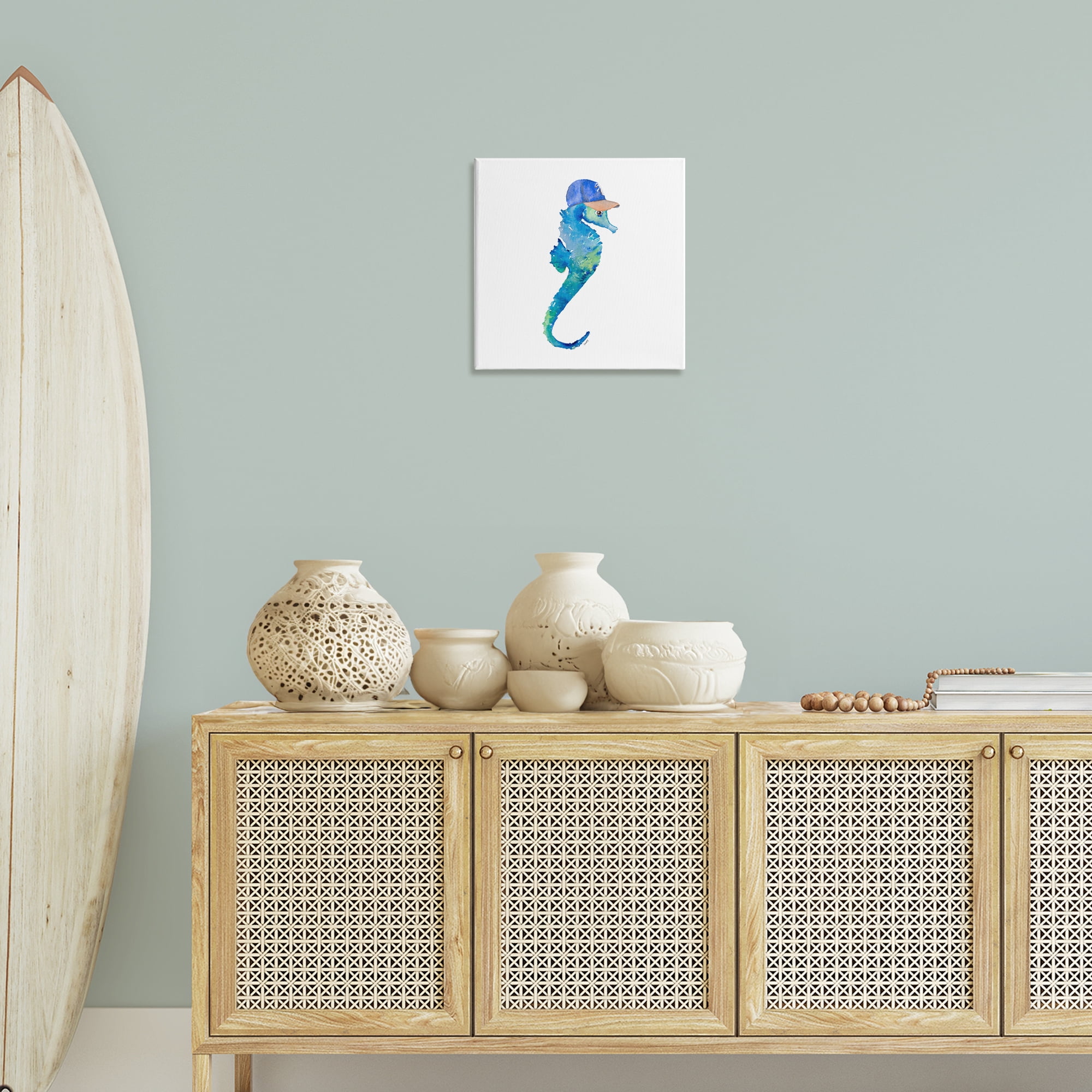 Stupell Industries Blue Seahorse in Hat Novelty Painting Gallery Wrapped Canvas Art Print Wall Art, 17 x 17
