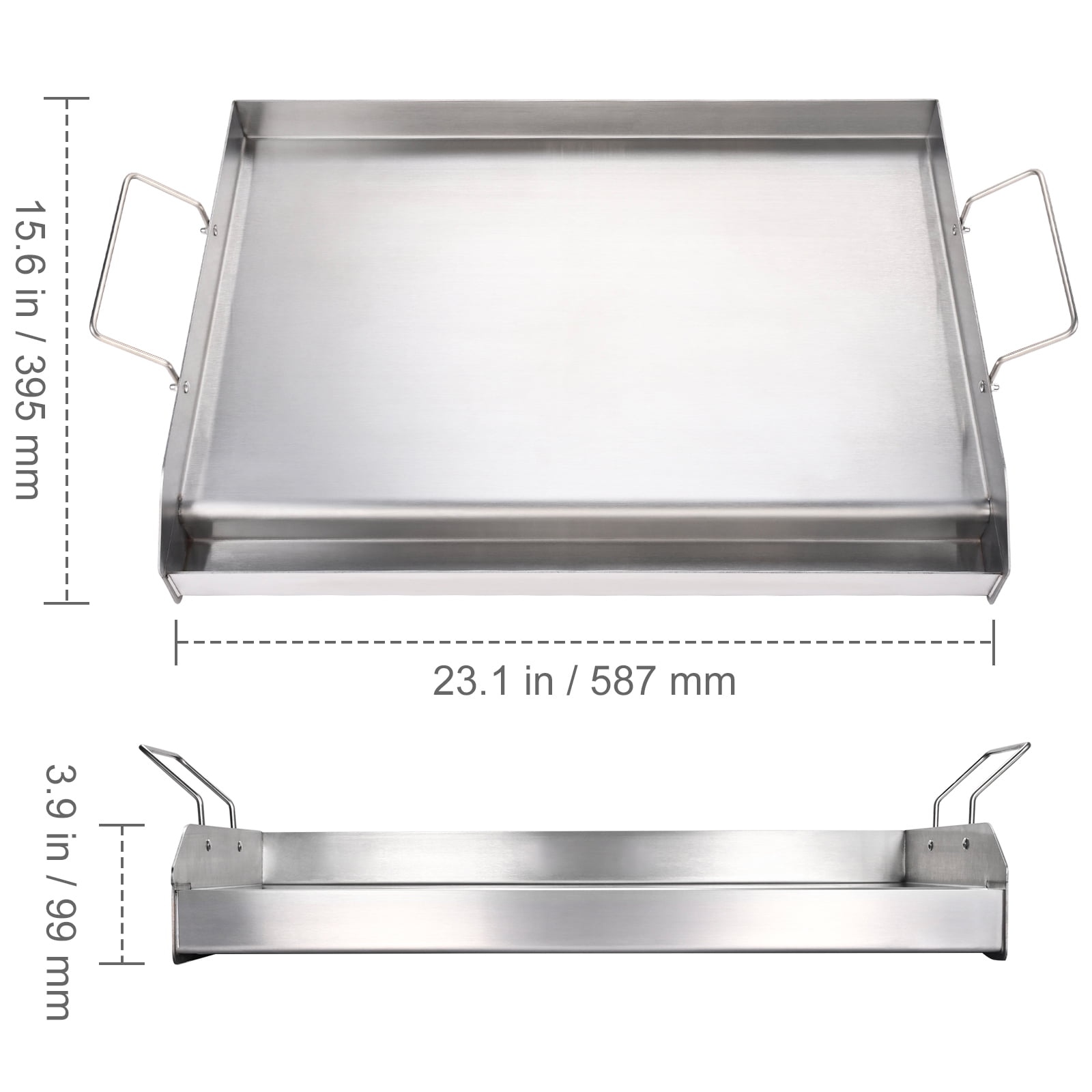 KFFKFF Cooktop Griddle, 23.5"x16" Pre-Treated Stainless Steel Griddle, Rectangular Dual Burner Griddle Pan, Non-Adhesive Family Pan Utensils with Handles and Oil Trench, for BBQ, Gas Grills, Silver