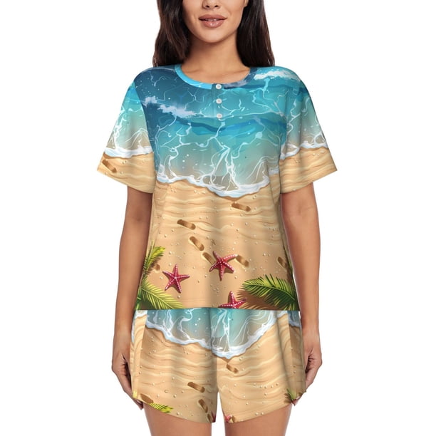 Balery Tropical Beach With Starfish Conjunto de Pijama para Mujer con Estampado, Dos Piezas de Manga Corta y Shorts, Ropa de Dormir Suave con Cuello Redondo y Bolsillos-Large