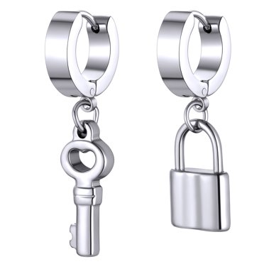 Bestyle Stainless Steel Lock and Key Dangle Earrings for Men Women Boho Hoop Huggie Earrings Hypoallergenic Trendy Jewelry - Silver