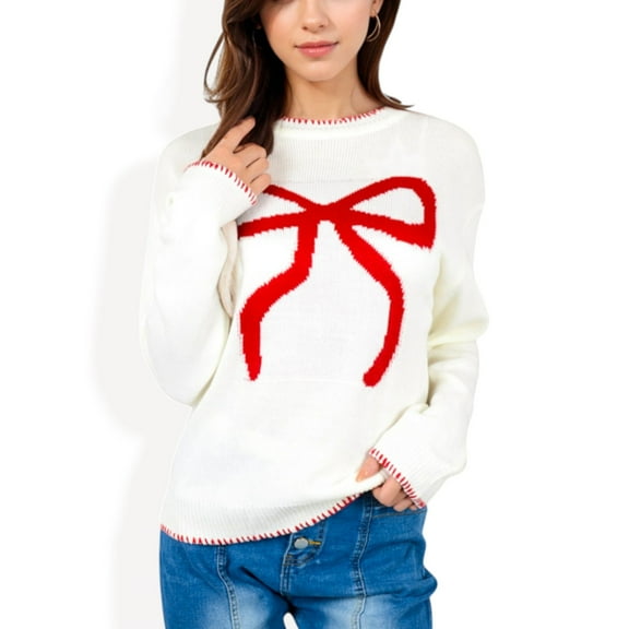 Women's Long Sleeve Knit Sweater with Bow Detail and Contrast Stitching - Small, White