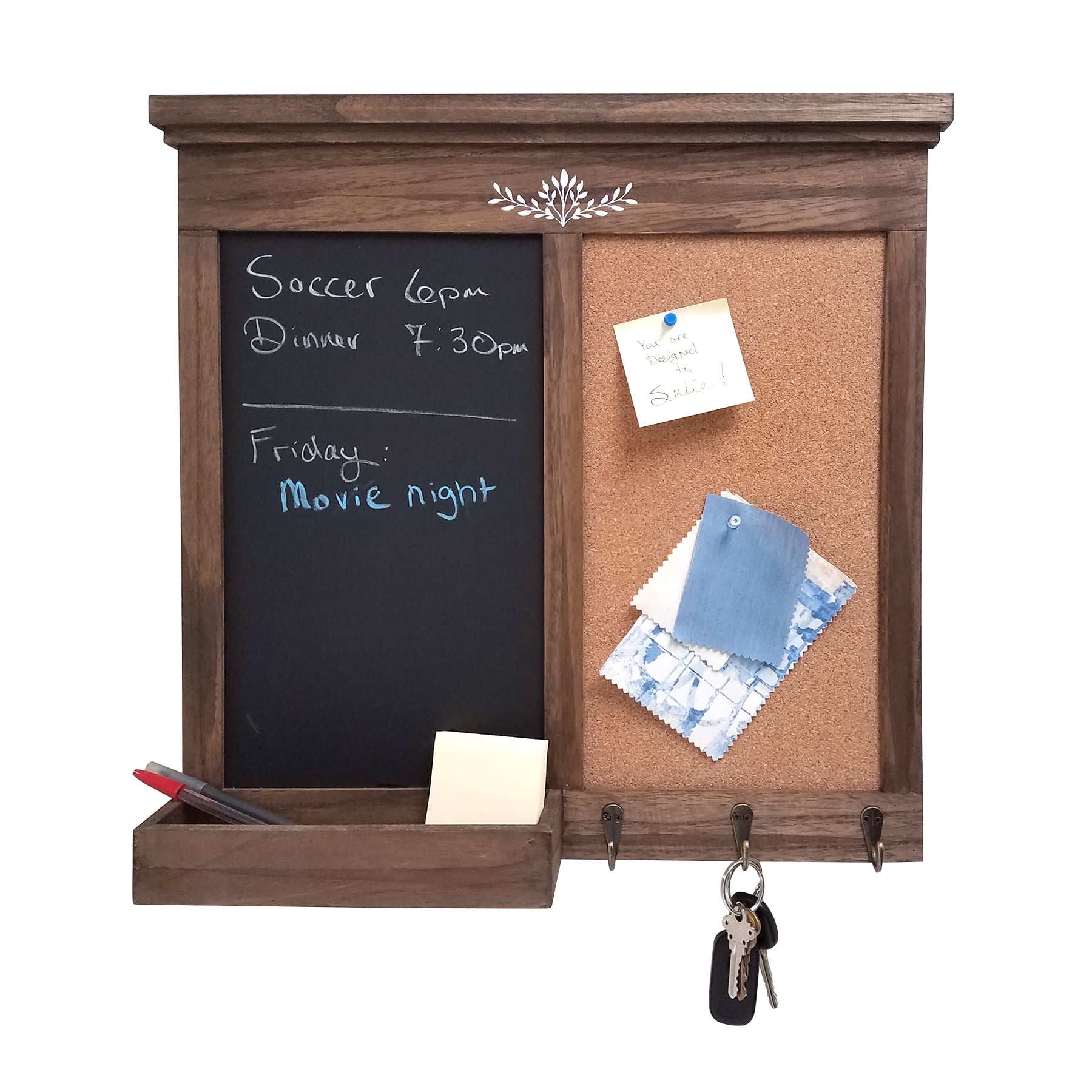 Chalkboard And Memo Board with Hooks and Storage, Rustic Natural Wood