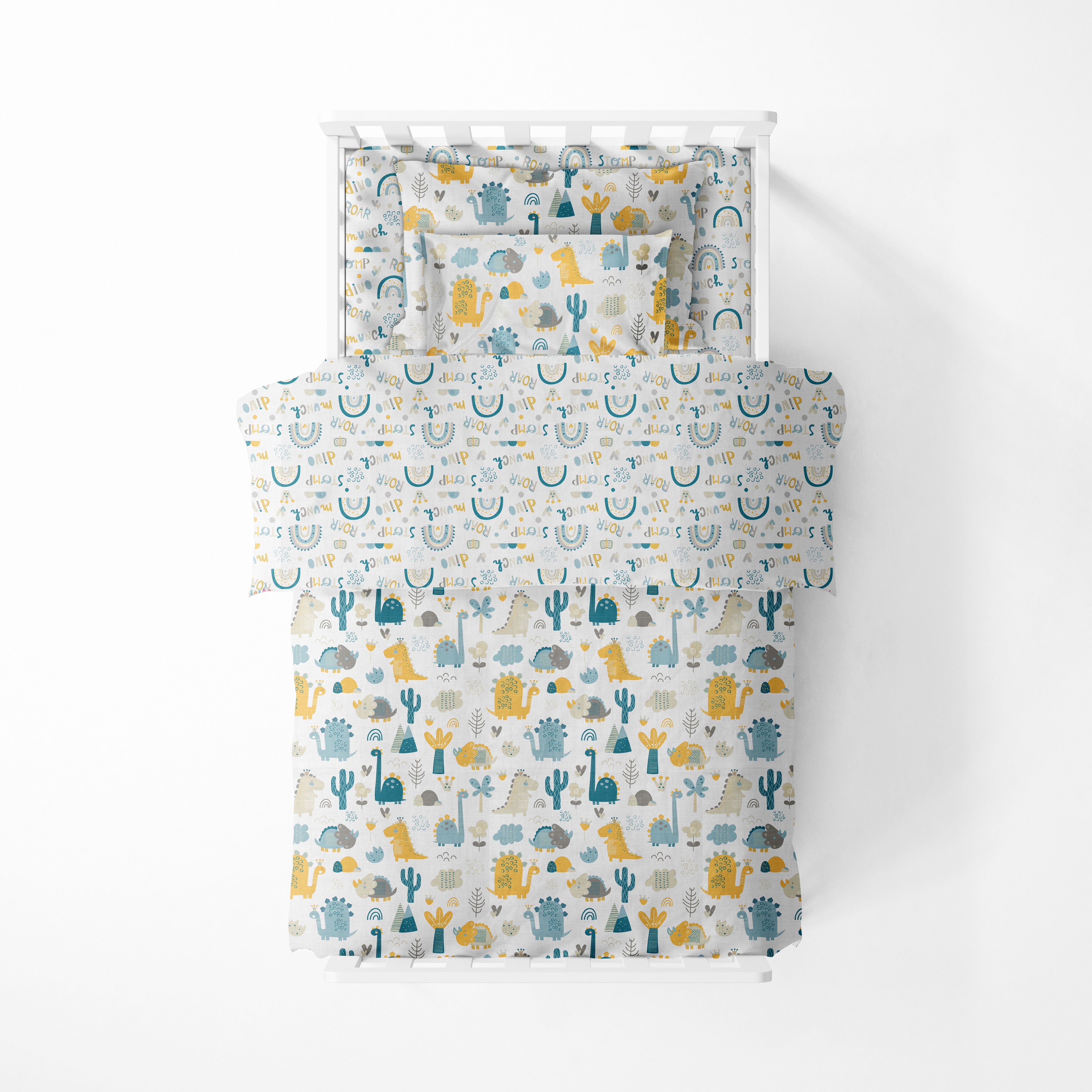 Bacati - Boys 5 pc Toddler Bedding/Sheet Set 100% Cotton Muslin, Little Dino Teal/Yellow/Gray