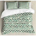 thumbnail image 1 of Chevron King Size Duvet Cover Set, Grunge Herringbone Zigzag Pattern with Stripes and Rectangles Pastel Toned Image, Decorative 3 Piece Bedding Set with 2 Pillow Shams, Multicolor, by Ambesonne, 1 of 3