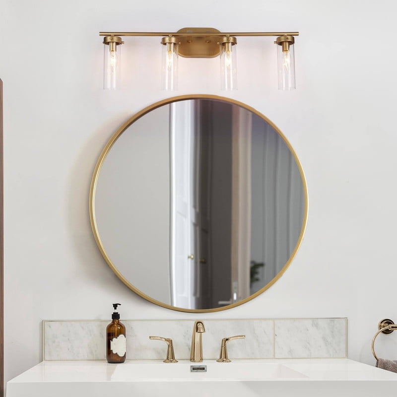 LNC 28-in 4-Light Gold and Clear Glass LED Modern Vanitt Light for Bathroom