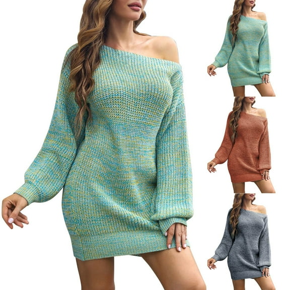 Meichang Off Shoulder Sweater Dress for Women Fall Winter Casual Lantern Long Sleeve Short Knit Dress Cocktail Party Wedding Guest Pullover Mini Dresses